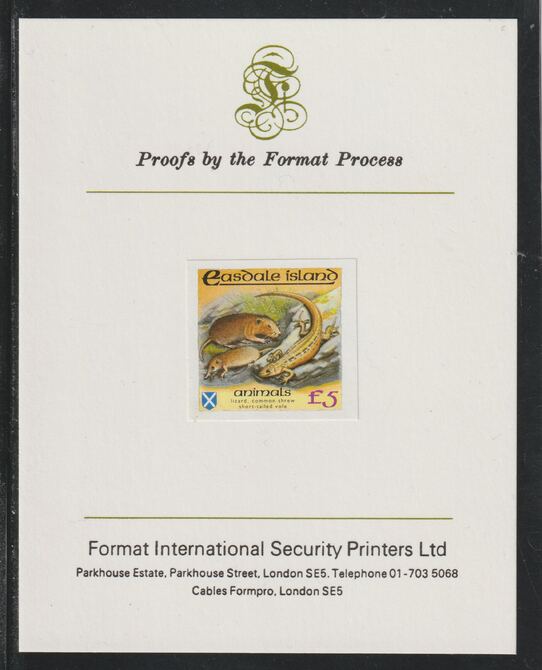 Easdale 1988 Flora & Fauna definitive 5 (Animals) imperf mounted on Format International Proof Card, stamps on animals, stamps on reptiles, stamps on lizards