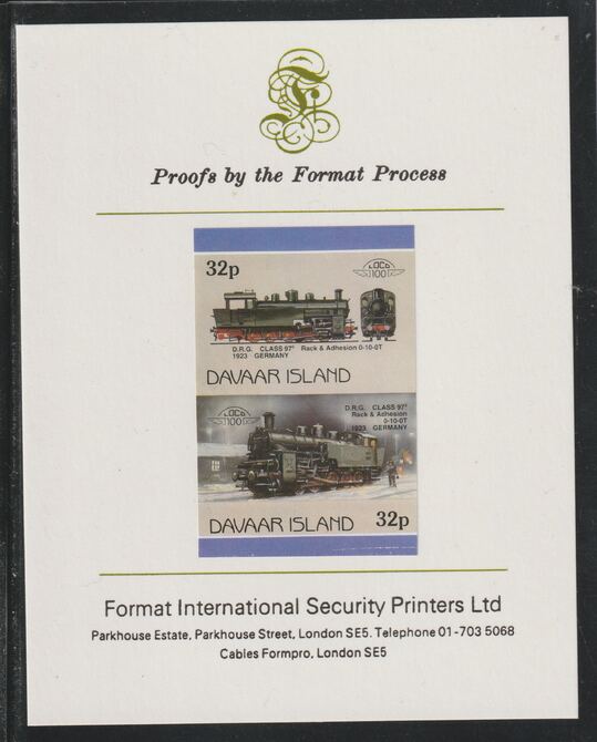 Davaar Island 1983 Locomotives #1 DRG Class 97 0-10-0 loco 32p se-tenant imperf proof pair mounted on Format International proof card,, stamps on railways