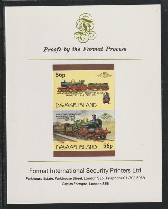 Davaar Island 1983 Locomotives #1 GWR Badminton Class 4-4-0 loco 56p se-tenant imperf proof pair mounted on Format International proof card,, stamps on , stamps on  stamps on railways