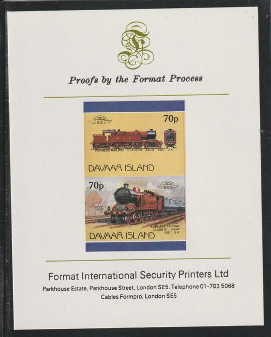 Davaar Island 1983 Locomotives #1 Furness Railway Class N1 4-6-4T loco 70p se-tenant imperf proof pair mounted on Format International proof card,, stamps on railways