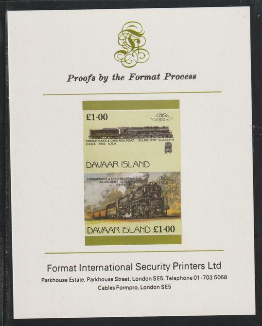 Davaar Island 1983 Locomotives #1 Chesapeake & Ohio Class H8 2-6-6-6 loco Â£1 se-tenant imperf proof pair mounted on Format International proof card,, stamps on , stamps on  stamps on railways