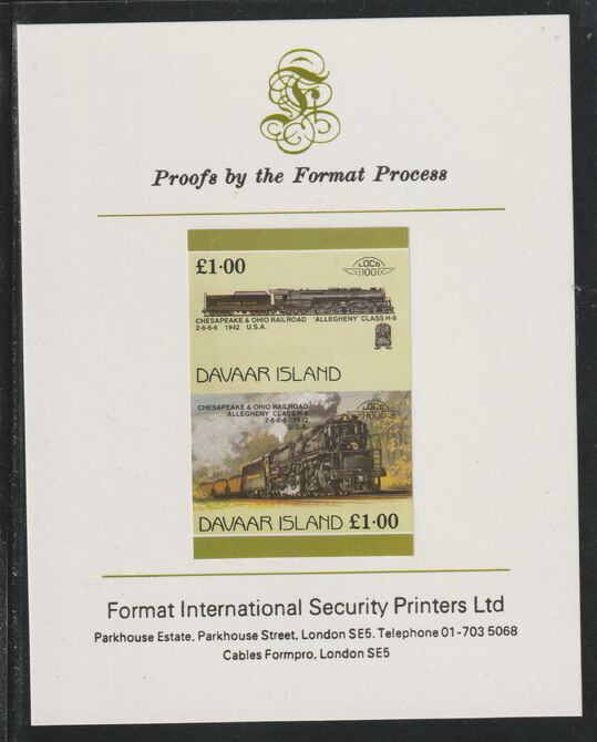 Davaar Island 1983 Locomotives #1 Chesapeake & Ohio Class H8 2-6-6-6 loco £1 se-tenant imperf proof pair mounted on Format International proof card,, stamps on railways