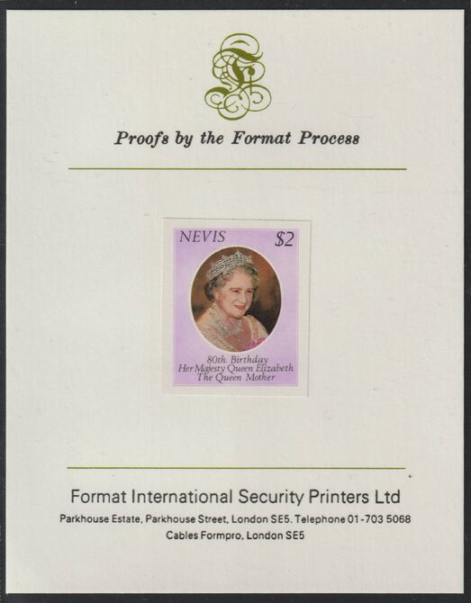 Nevis 1980 Queen Mothers 80th Birthday $2 imperf mounted on Format International proof card as SG 50, stamps on royalty, stamps on queen mother