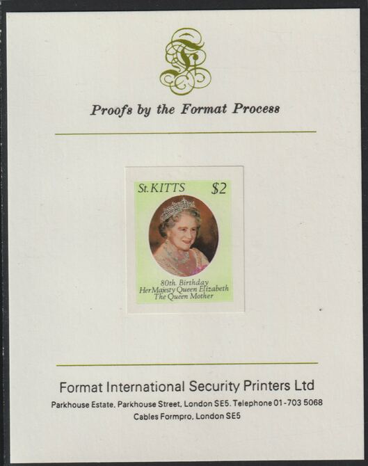 St Kitts 1980 Queen Mothers 80th Birthday $2 imperf mounted on Format International proof card as SG 48, stamps on royalty, stamps on queen mother