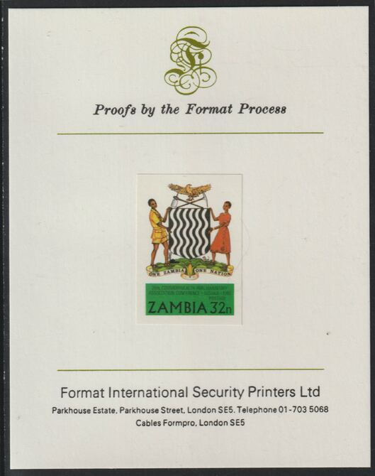 Zambia 1980 Commonwealth Parliamentary Association Conf 32n imperf mounted on Format International proof card , stamps on , stamps on  stamps on constitutions, stamps on  stamps on arms