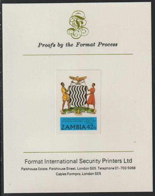 Zambia 1980 Commonwealth Parliamentary Association Conf 42n imperf mounted on Format International proof card , stamps on , stamps on  stamps on constitutions, stamps on  stamps on arms