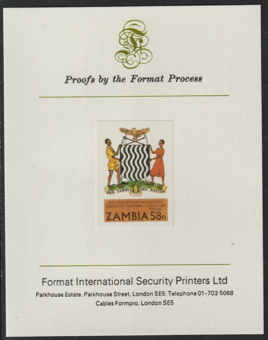 Zambia 1980 Commonwealth Parliamentary Association Conf 58n imperf mounted on Format International proof card , stamps on constitutions, stamps on arms