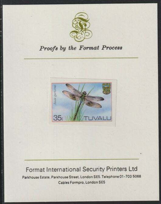 Tuvalu 1983 Dragonflies 35c imperf mounted on Format International proof card , stamps on , stamps on  stamps on insects, stamps on  stamps on dragonflies