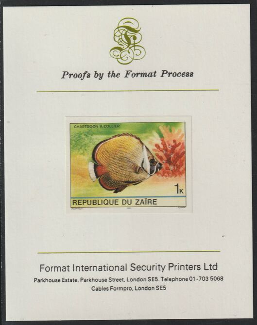Zaire 1980 Tropical Fish 1c imperf mounted on Format International proof card , stamps on fish