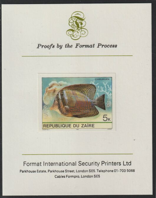 Zaire 1980 Tropical Fish 5c imperf mounted on Format International proof card , stamps on fish
