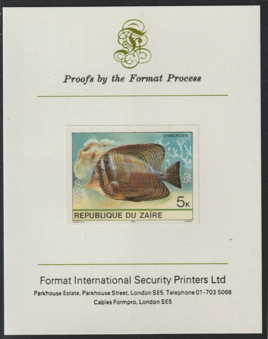 Zaire 1980 Tropical Fish 5c imperf mounted on Format International proof card , stamps on , stamps on  stamps on fish