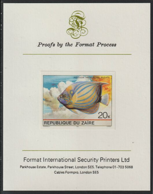 Zaire 1980 Tropical Fish 20c imperf mounted on Format International proof card , stamps on , stamps on  stamps on fish