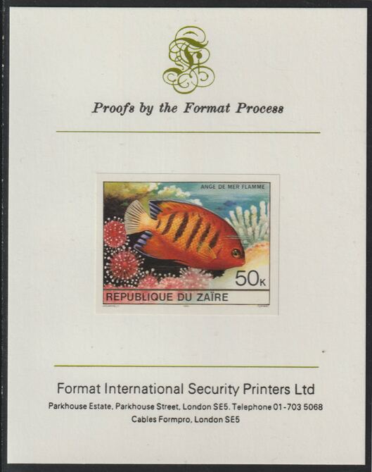 Zaire 1980 Tropical Fish 50c imperf mounted on Format International proof card , stamps on fish