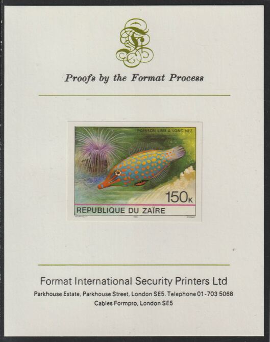 Zaire 1980 Tropical Fish 150c imperf mounted on Format International proof card , stamps on fish