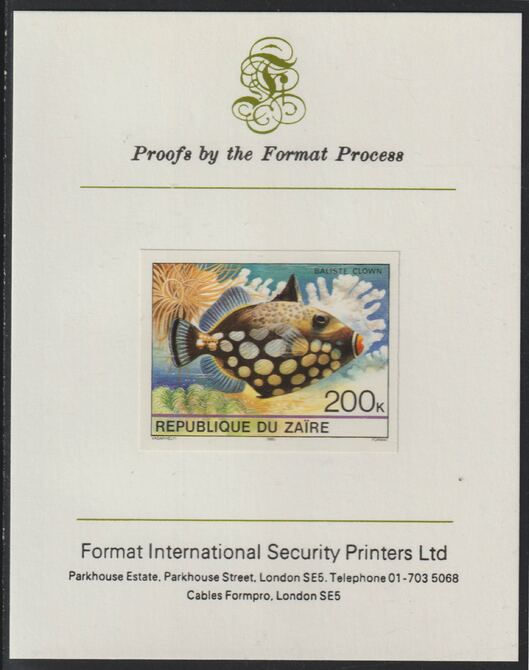 Zaire 1980 Tropical Fish 200c imperf mounted on Format International proof card , stamps on fish