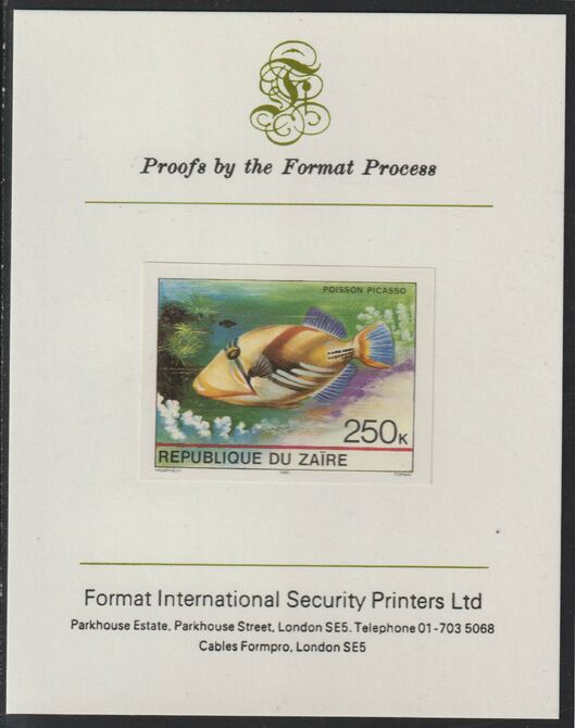 Zaire 1980 Tropical Fish 250c imperf mounted on Format International proof card , stamps on fish
