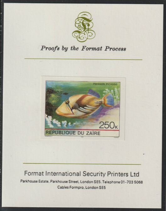 Zaire 1980 Tropical Fish 250c imperf mounted on Format International proof card , stamps on , stamps on  stamps on fish