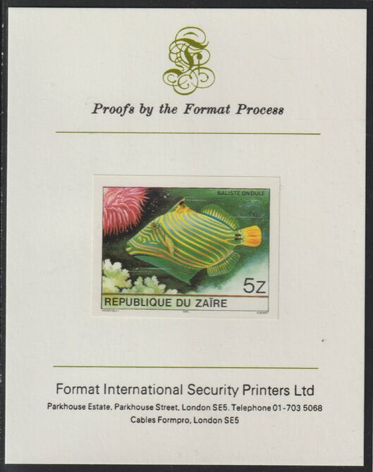 Zaire 1980 Tropical Fish 5z (ex m/sheet) imperf mounted on Format International proof card , stamps on , stamps on  stamps on fish