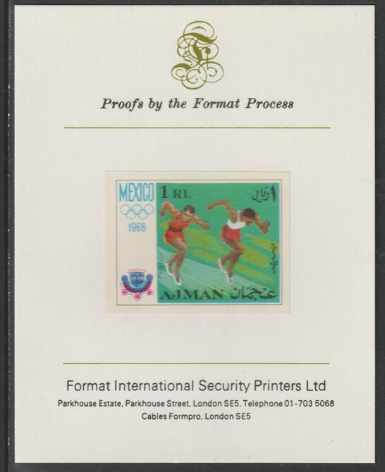 Ajman 1968 Sprinting 1R from Mexico Olympics set, imperf proof mounted on Format International proof card, as Mi 248B, stamps on , stamps on  stamps on , stamps on  stamps on olympics, stamps on  stamps on sport, stamps on  stamps on running