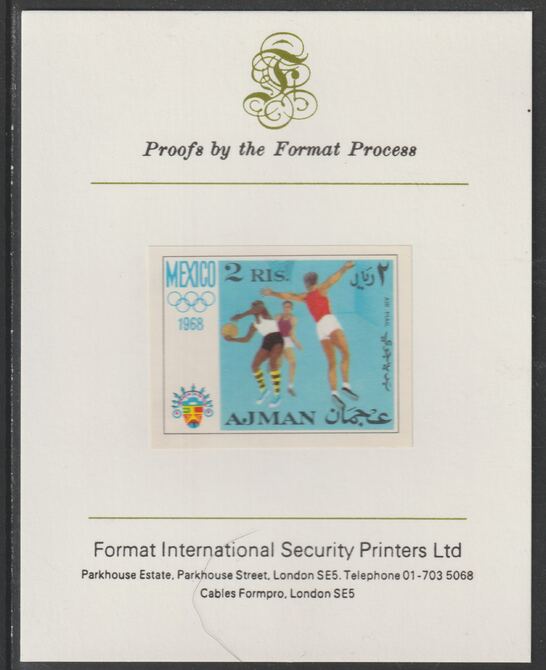 Ajman 1968 Basketball 2R from Mexico Olympics set, imperf proof mounted on Format International proof card, as Mi 252B, stamps on , stamps on olympics, stamps on sport, stamps on basketball