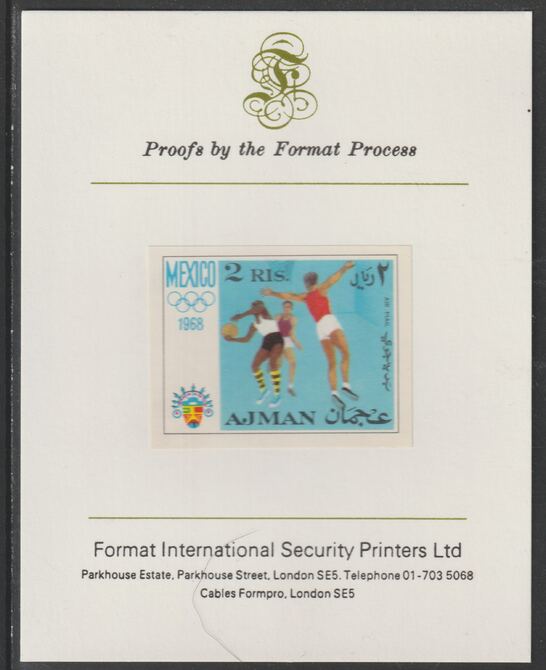 Ajman 1968 Basketball 2R from Mexico Olympics set, imperf proof mounted on Format International proof card, as Mi 252B, stamps on , stamps on  stamps on , stamps on  stamps on olympics, stamps on  stamps on sport, stamps on  stamps on basketball