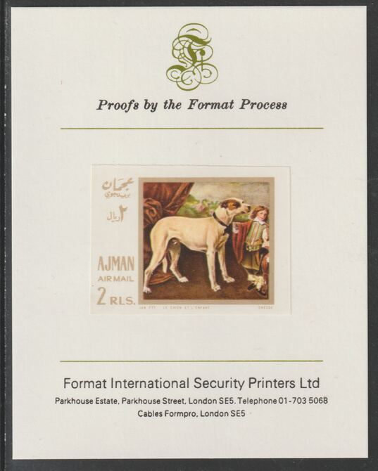 Ajman 1968 Paintings with Dogs #2 imperf mounted on Format International proof card, as Mi 272B, stamps on dogs, stamps on arts, stamps on 