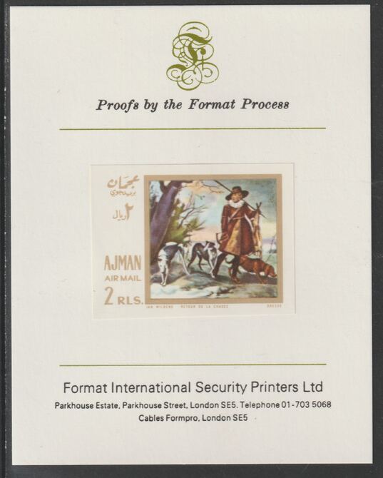 Ajman 1968 Paintings with Dogs #3 imperf mounted on Format International proof card, as Mi 273B, stamps on , stamps on  stamps on dogs, stamps on  stamps on arts, stamps on  stamps on 