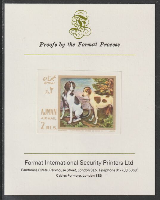 Ajman 1968 Paintings with Dogs #4 imperf mounted on Format International proof card, as Mi 274B, stamps on dogs, stamps on arts, stamps on 