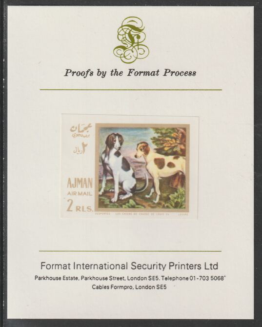 Ajman 1968 Paintings with Dogs #4 imperf mounted on Format International proof card, as Mi 274B, stamps on , stamps on  stamps on dogs, stamps on  stamps on arts, stamps on  stamps on 