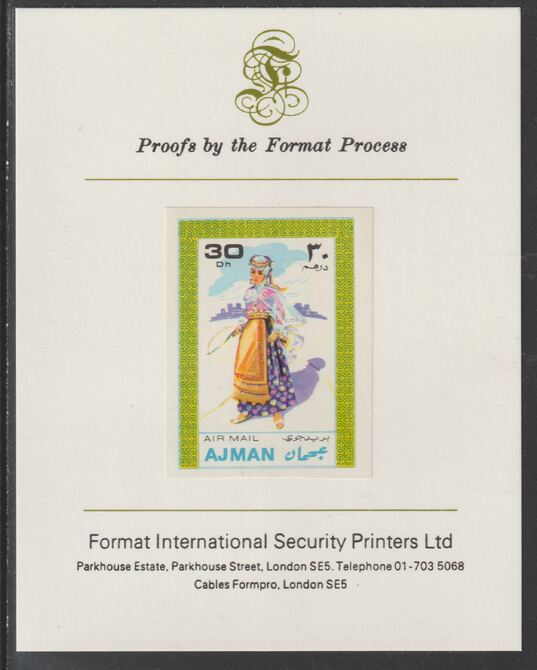 Ajman 1968 Costumes #1 imperf mounted on Format International proof card, as Mi 238B, stamps on costumes