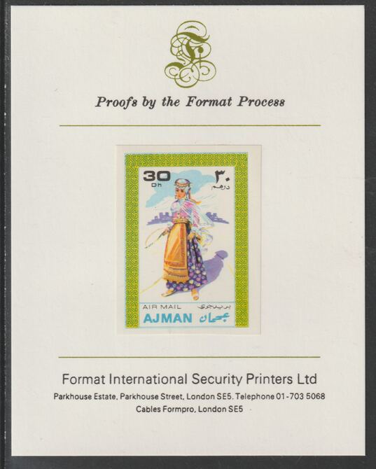 Ajman 1968 Costumes #1 imperf mounted on Format International proof card, as Mi 238B, stamps on , stamps on  stamps on costumes