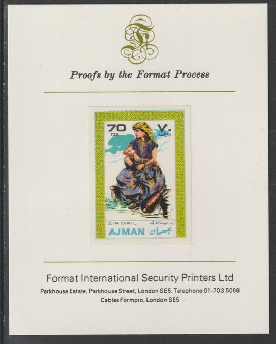 Ajman 1968 Costumes #3 imperf mounted on Format International proof card, as Mi 240B, stamps on costumes