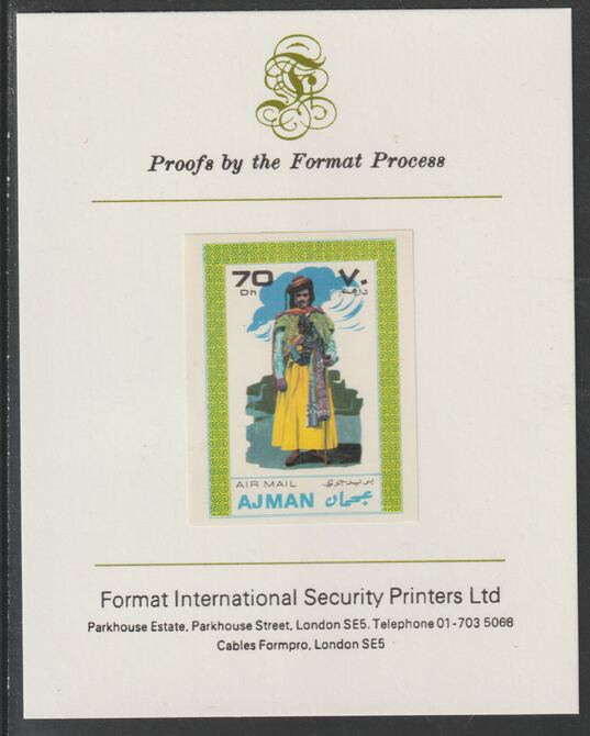 Ajman 1968 Costumes #4 imperf mounted on Format International proof card, as Mi 241B, stamps on costumes
