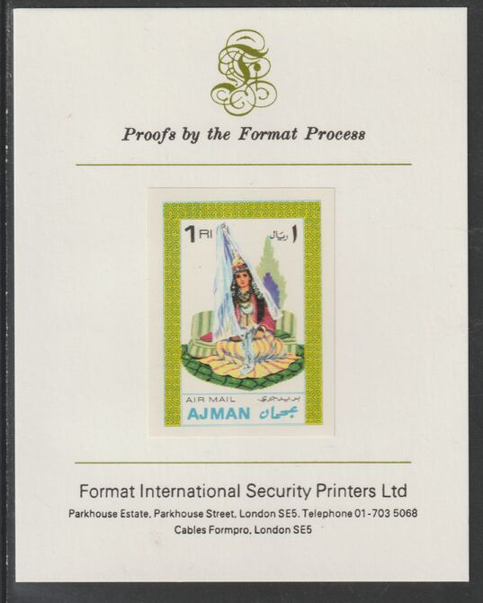 Ajman 1968 Costumes #5 imperf mounted on Format International proof card, as Mi 242B, stamps on costumes
