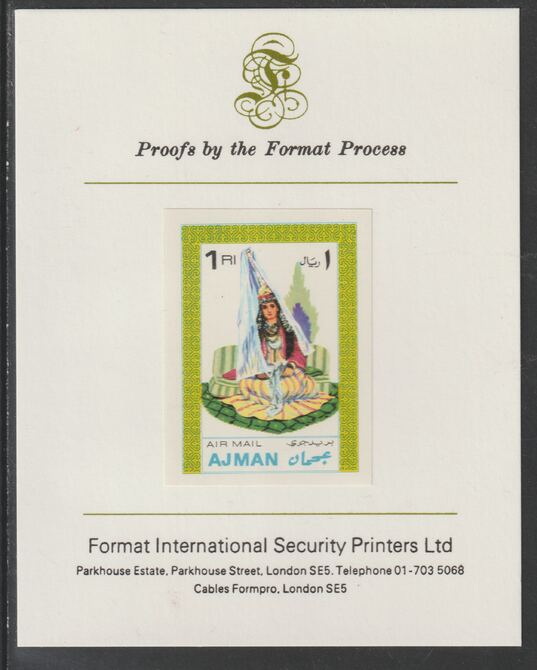 Ajman 1968 Costumes #5 imperf mounted on Format International proof card, as Mi 242B, stamps on costumes