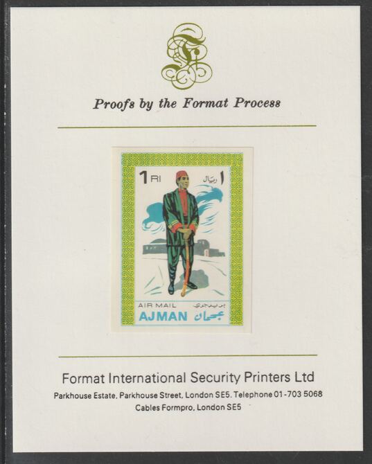 Ajman 1968 Costumes #6 imperf mounted on Format International proof card, as Mi 243B, stamps on , stamps on  stamps on costumes