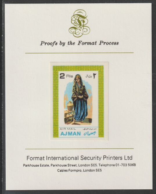 Ajman 1968 Costumes #7 imperf mounted on Format International proof card, as Mi 244B, stamps on costumes