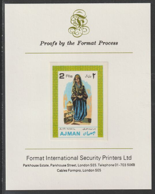Ajman 1968 Costumes #7 imperf mounted on Format International proof card, as Mi 244B, stamps on costumes