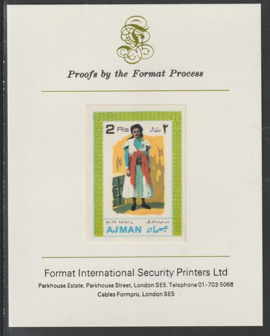 Ajman 1968 Costumes #8 imperf mounted on Format International proof card, as Mi 245B, stamps on costumes