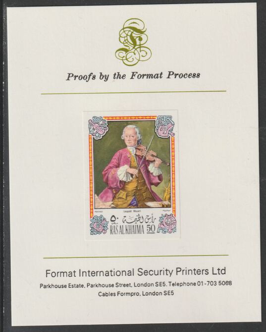 Ras Al Khaima 1972 Portraits of Mozart #1 imperf mounted on Format International proof card, as Mi 642B, stamps on , stamps on  stamps on arts, stamps on  stamps on music, stamps on  stamps on personalities, stamps on  stamps on composers, stamps on  stamps on masonics, stamps on  stamps on personalities, stamps on  stamps on mozart, stamps on  stamps on music, stamps on  stamps on composers, stamps on  stamps on masonics, stamps on  stamps on masonry