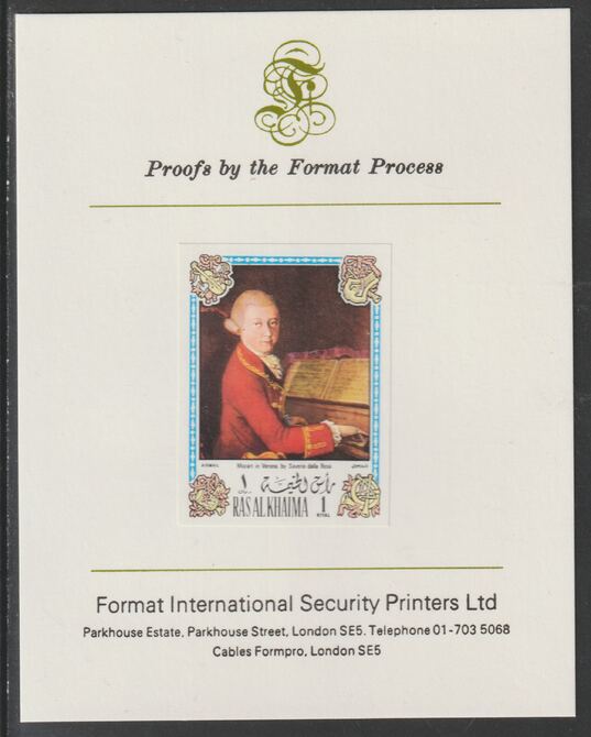 Ras Al Khaima 1972 Portraits of Mozart #2 imperf mounted on Format International proof card, as Mi 643B, stamps on arts, stamps on music, stamps on personalities, stamps on composers, stamps on masonics, stamps on personalities, stamps on mozart, stamps on music, stamps on composers, stamps on masonics, stamps on masonry