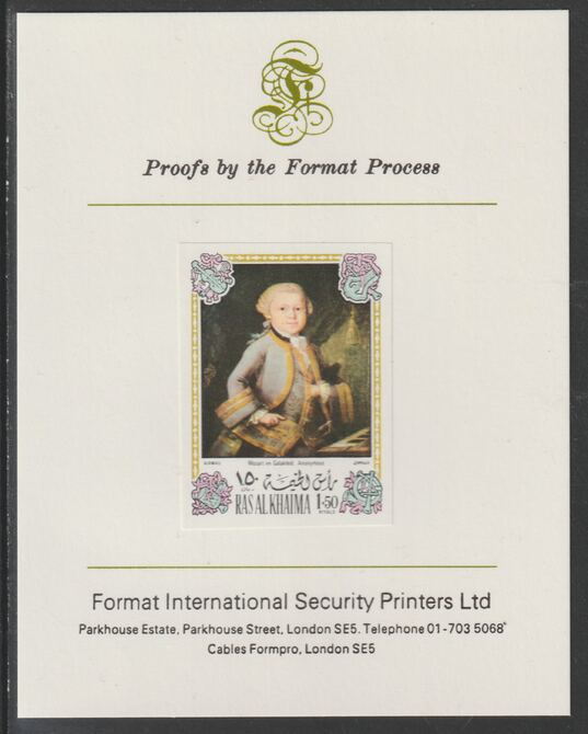 Ras Al Khaima 1972 Portraits of Mozart #3 imperf mounted on Format International proof card, as Mi 644B, stamps on , stamps on  stamps on arts, stamps on  stamps on music, stamps on  stamps on personalities, stamps on  stamps on composers, stamps on  stamps on masonics, stamps on  stamps on personalities, stamps on  stamps on mozart, stamps on  stamps on music, stamps on  stamps on composers, stamps on  stamps on masonics, stamps on  stamps on masonry