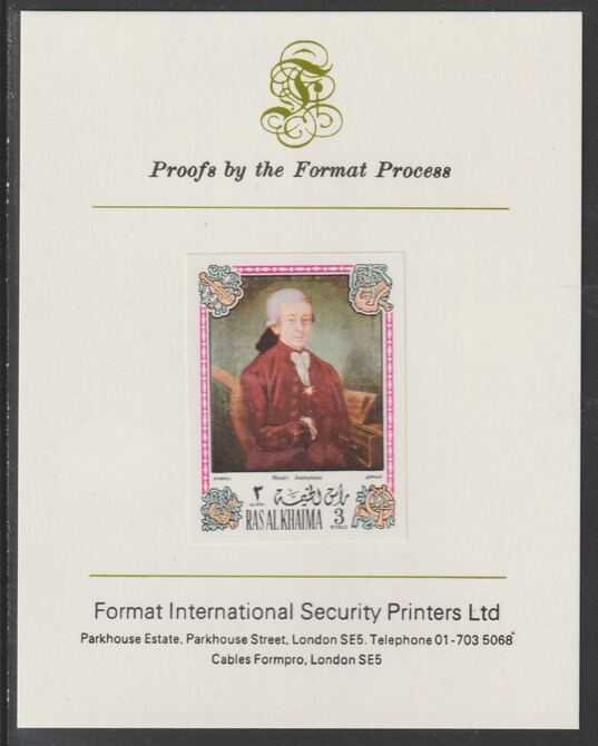Ras Al Khaima 1972 Portraits of Mozart #5 imperf mounted on Format International proof card, as Mi 646B, stamps on arts, stamps on music, stamps on personalities, stamps on composers, stamps on masonics, stamps on personalities, stamps on mozart, stamps on music, stamps on composers, stamps on masonics, stamps on masonry