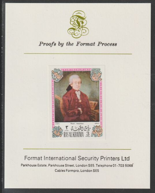 Ras Al Khaima 1972 Portraits of Mozart #5 imperf mounted on Format International proof card, as Mi 646B, stamps on , stamps on  stamps on arts, stamps on  stamps on music, stamps on  stamps on personalities, stamps on  stamps on composers, stamps on  stamps on masonics, stamps on  stamps on personalities, stamps on  stamps on mozart, stamps on  stamps on music, stamps on  stamps on composers, stamps on  stamps on masonics, stamps on  stamps on masonry