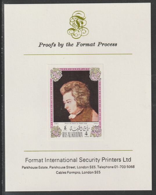 Ras Al Khaima 1972 Portraits of Mozart #6 imperf mounted on Format International proof card, as Mi 647B, stamps on , stamps on  stamps on arts, stamps on  stamps on music, stamps on  stamps on personalities, stamps on  stamps on composers, stamps on  stamps on masonics, stamps on  stamps on personalities, stamps on  stamps on mozart, stamps on  stamps on music, stamps on  stamps on composers, stamps on  stamps on masonics, stamps on  stamps on masonry