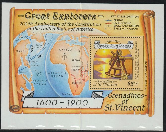 St Vincent - Grenadines 1988 Explorers $5 m/sheet (Sextant) with stamp perforated on three sides only (imperf at right) unmounted mint but creased.  (ex Format arcives), stamps on columbus   explorers  maps    ships      navigation