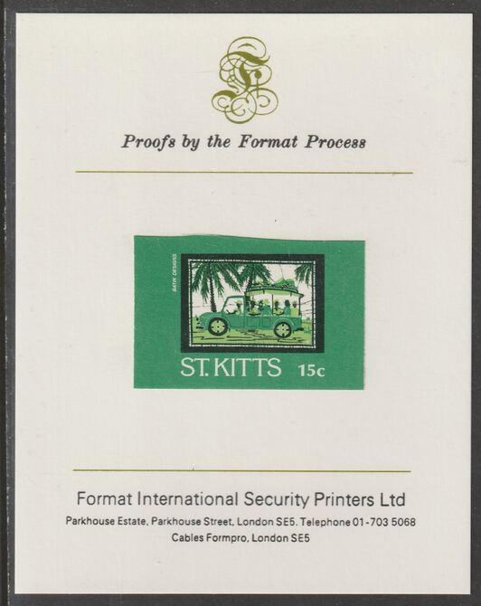St Kitts 1985 Batik Designs 2nd series 15c (Bus) imperf proof mounted on Format International proof card as SG 169, stamps on , stamps on  stamps on textiles, stamps on  stamps on buses, stamps on  stamps on transport