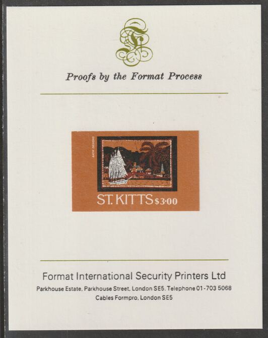 St Kitts 1985 Batik Designs 2nd series $3 (Schooner) imperf proof mounted on Format International proof card as SG 172, stamps on ships, stamps on textiles, stamps on transport, stamps on 