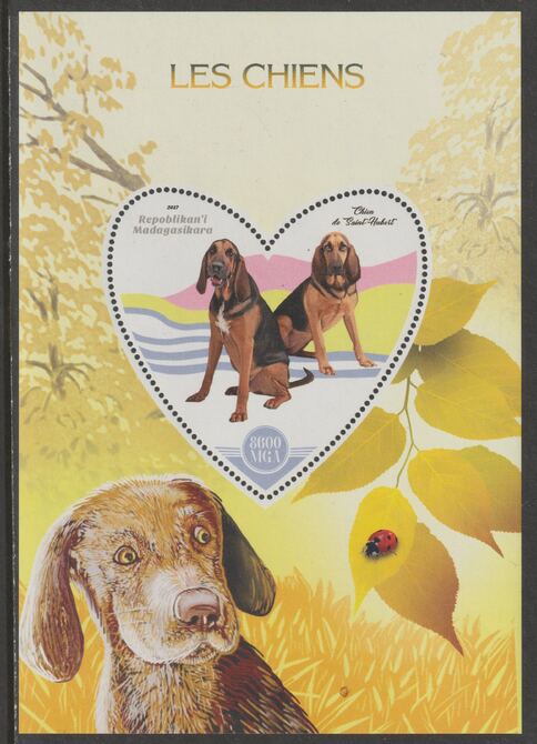 Madagascar 2017 Dogs perf deluxe sheet containing one heart shaped value unmounted mint, stamps on shaped, stamps on heart, stamps on dogs