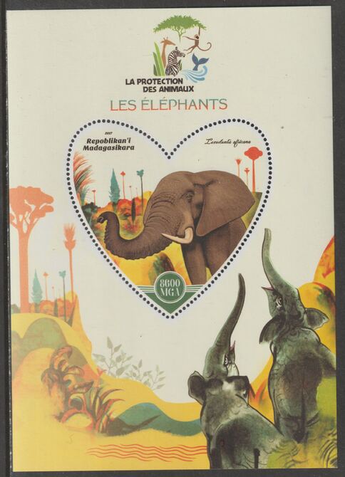 Madagascar 2017 Animal Protection - Elephants perf deluxe sheet containing one heart shaped value unmounted mint, stamps on , stamps on  stamps on shaped, stamps on  stamps on heart, stamps on  stamps on  wwf , stamps on  stamps on animals, stamps on  stamps on elephants
